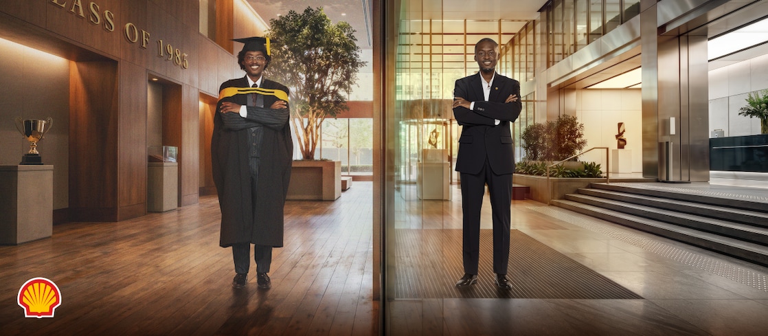 Shell campaign image illustrating educational and professional achievement. The left side shows a graduate in academic regalia standing in a university-style interior with a wall displaying “Class of 1983.” The right side shows a professional standing in a modern corporate office lobby. The visual represents the journey from education to career success across generations. Campaign text reads: “Over 120 years & we are still here for Mzansi graduates. You can ALWAYS COUNT on us.” Shell branding appears in the bottom left corner.