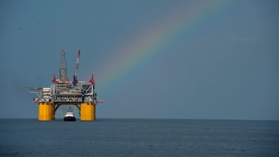 Mars B Platform in the Gulf of Mexico with a rainbow overhead
