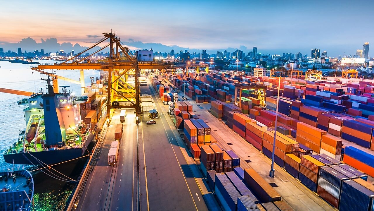 Container ship in the harbor in Asia 