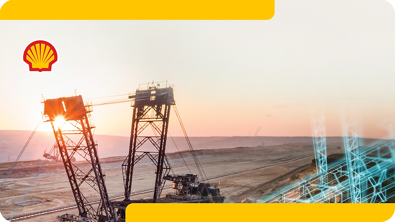 A large industrial excavator operates at an open-pit mining site at sunset, with the Shell logo and a blue digital grid overlay on the right side of the image.